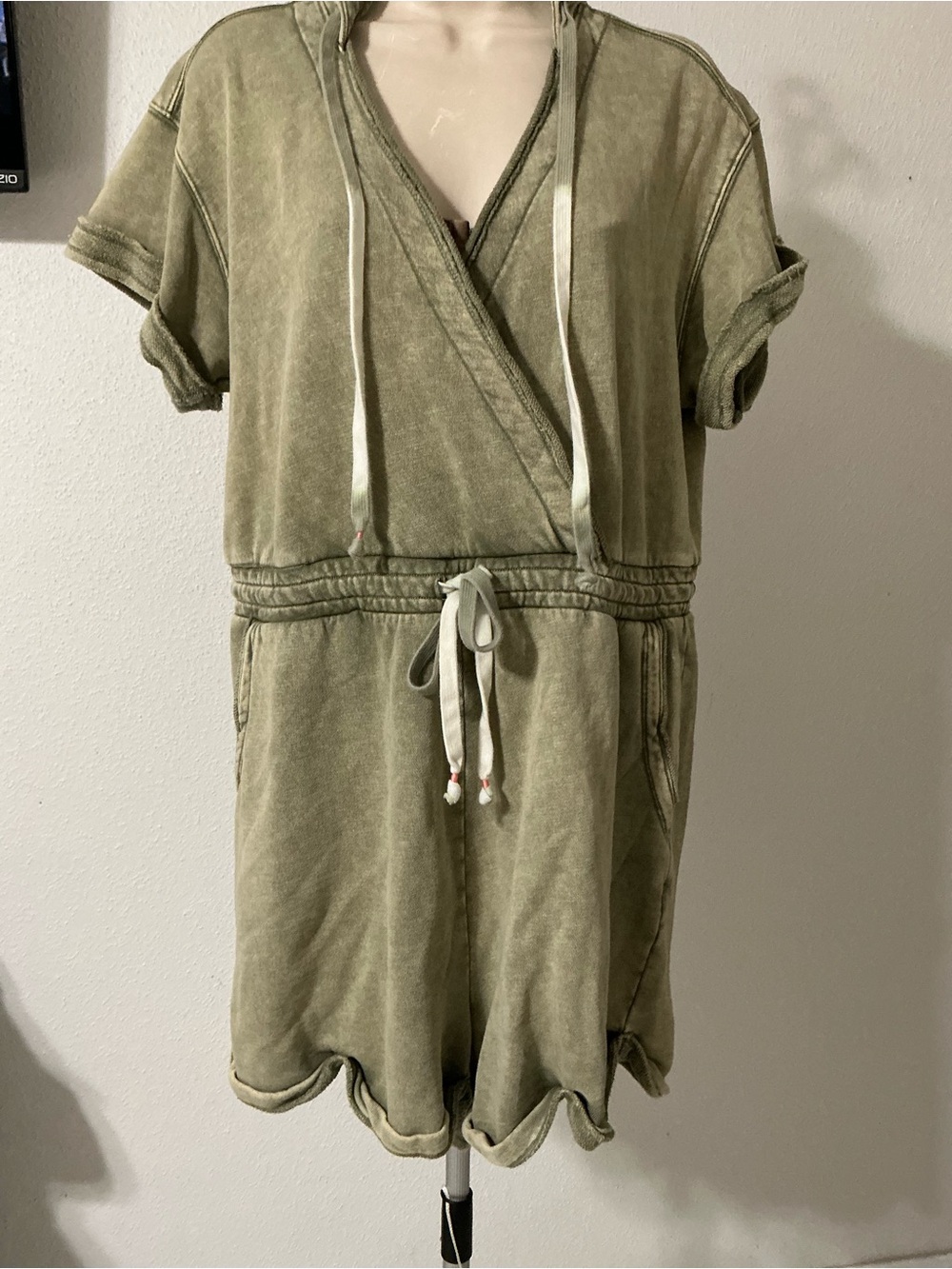 Washed Olive Green Hooded Drawstring Romper